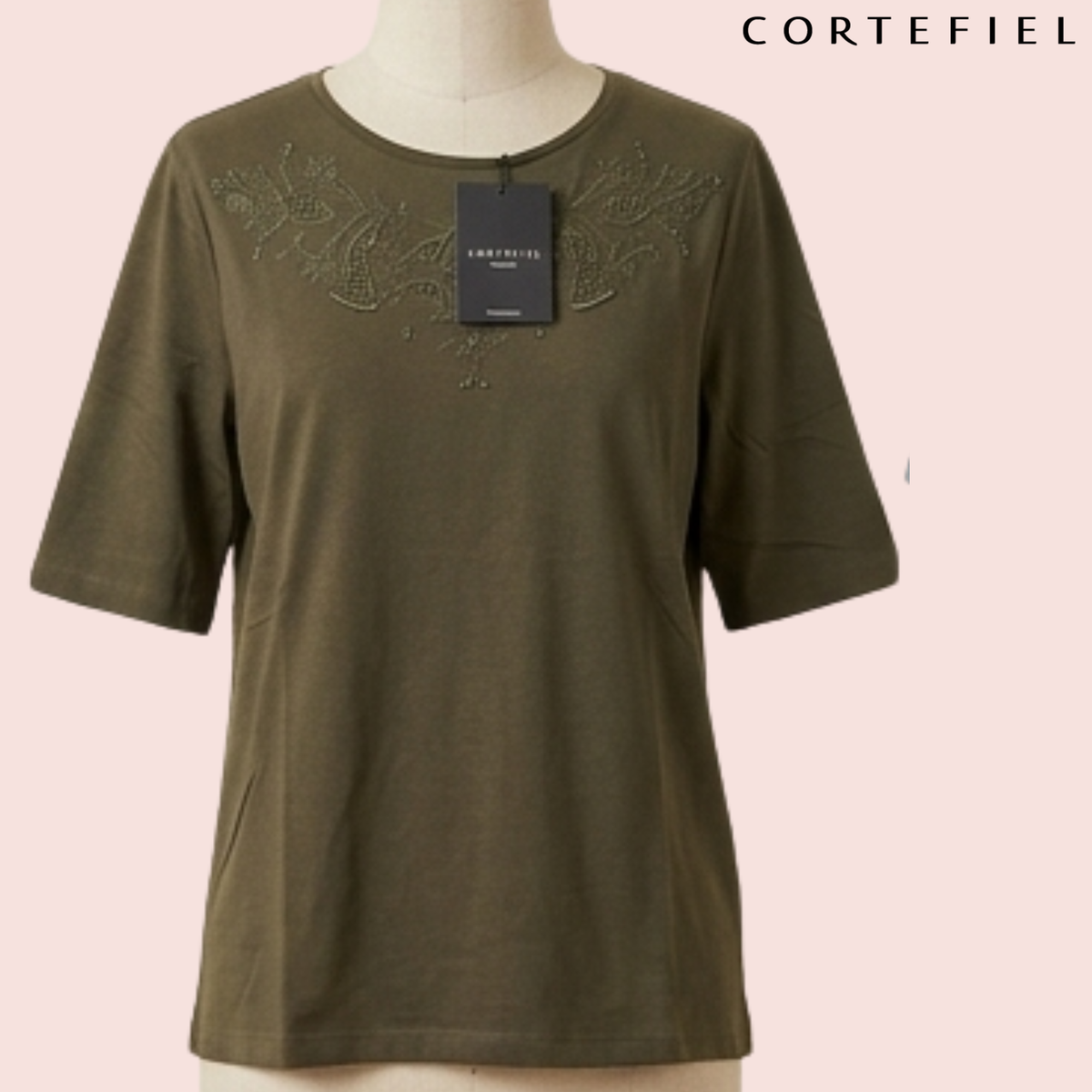 Polera bordado floral kaki Cortefiel vista frontal