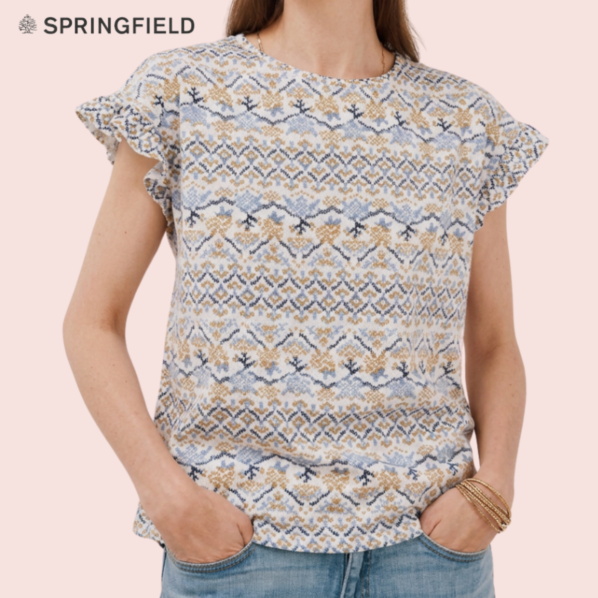 Polera estampado étnico con volantes Springfield vista frontal