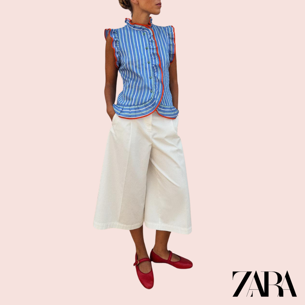 Blusa Rayas Azul Volantes Zara - producto plano frontal