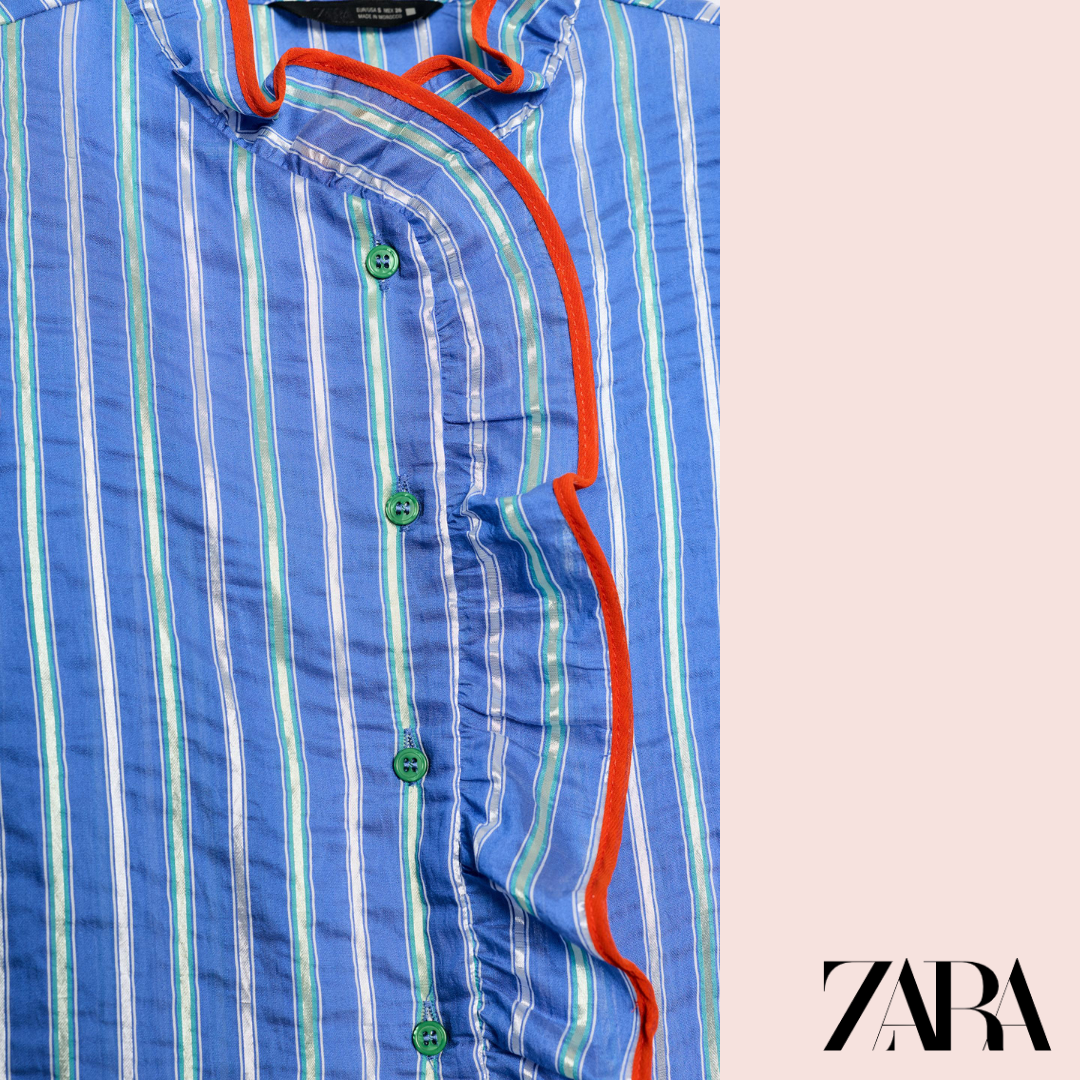 Blusa Rayas Azul Volantes Zara - detalle botones y ribete