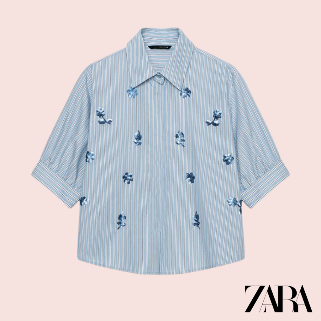 Camisa Rayas Azul Flores Lentejuelas Zara - detalle lentejuelas