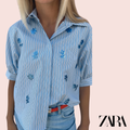 Camisa Rayas Azul Flores Lentejuelas Zara - modelo frontal