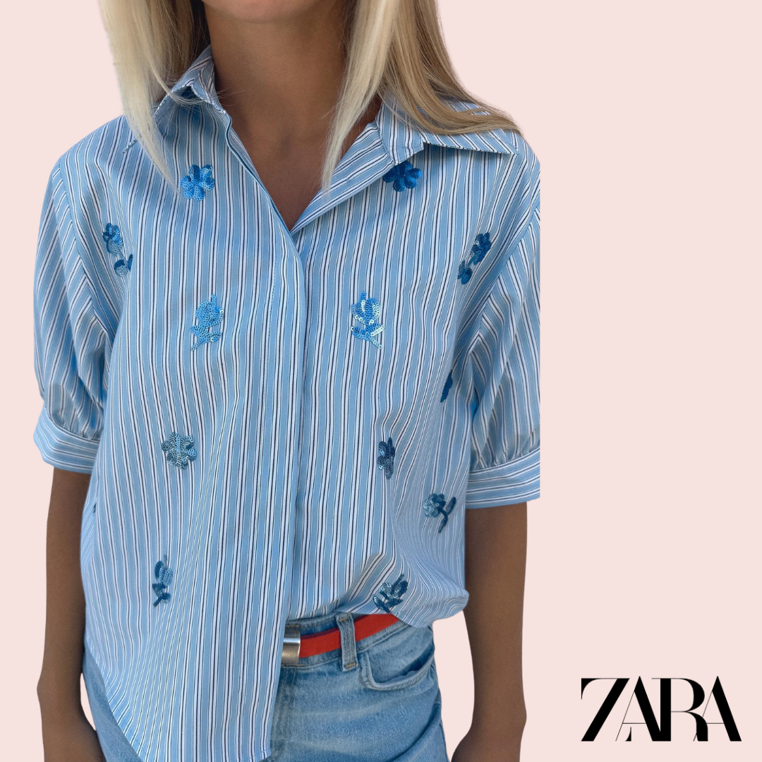 Camisa Rayas Azul Flores Lentejuelas Zara - modelo frontal