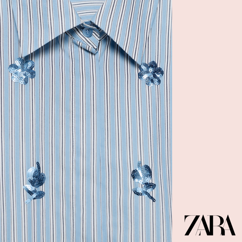 Camisa Rayas Azul Flores Lentejuelas Zara - vista trasera producto
