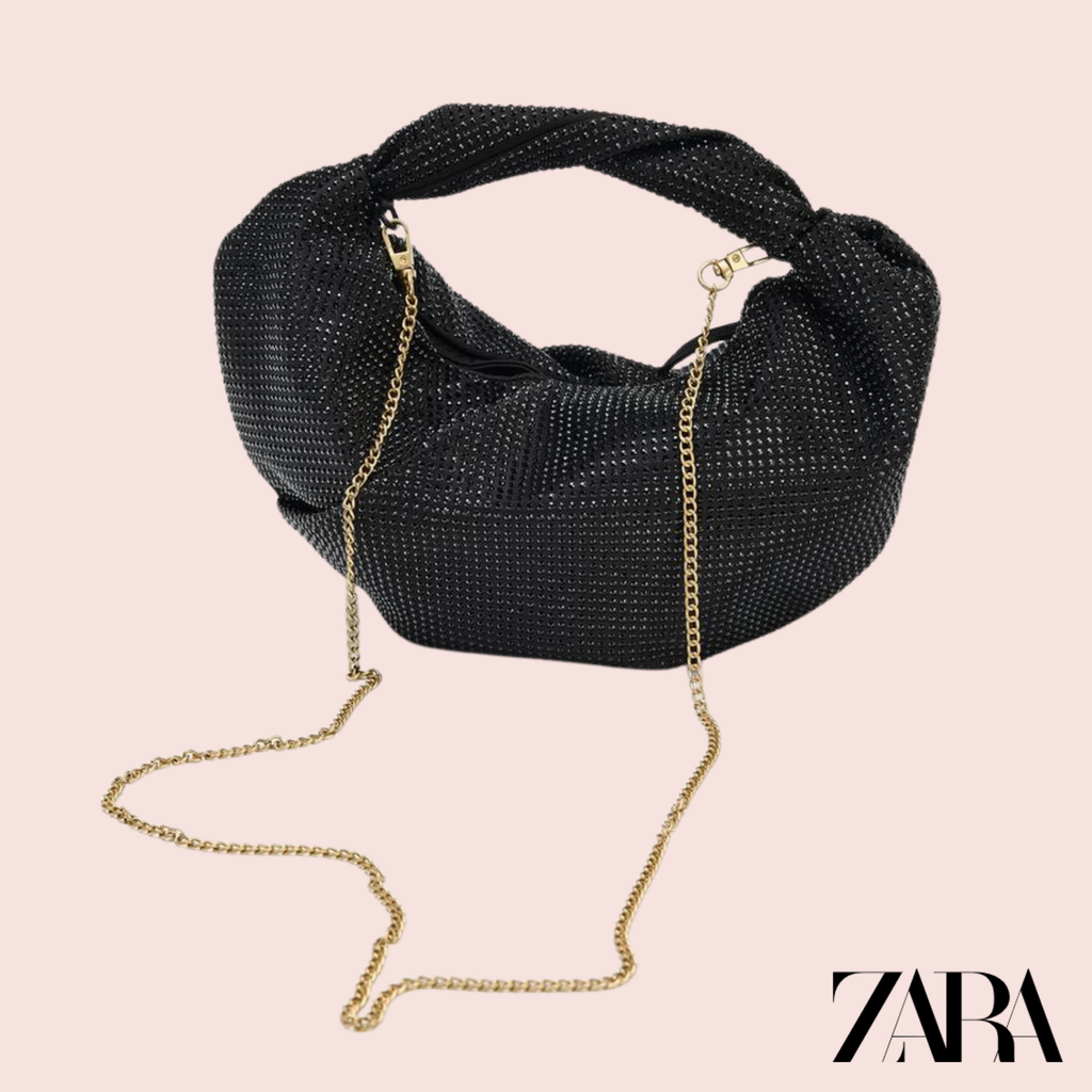 Cartera Negra Strass con Cadena Dorada Zara