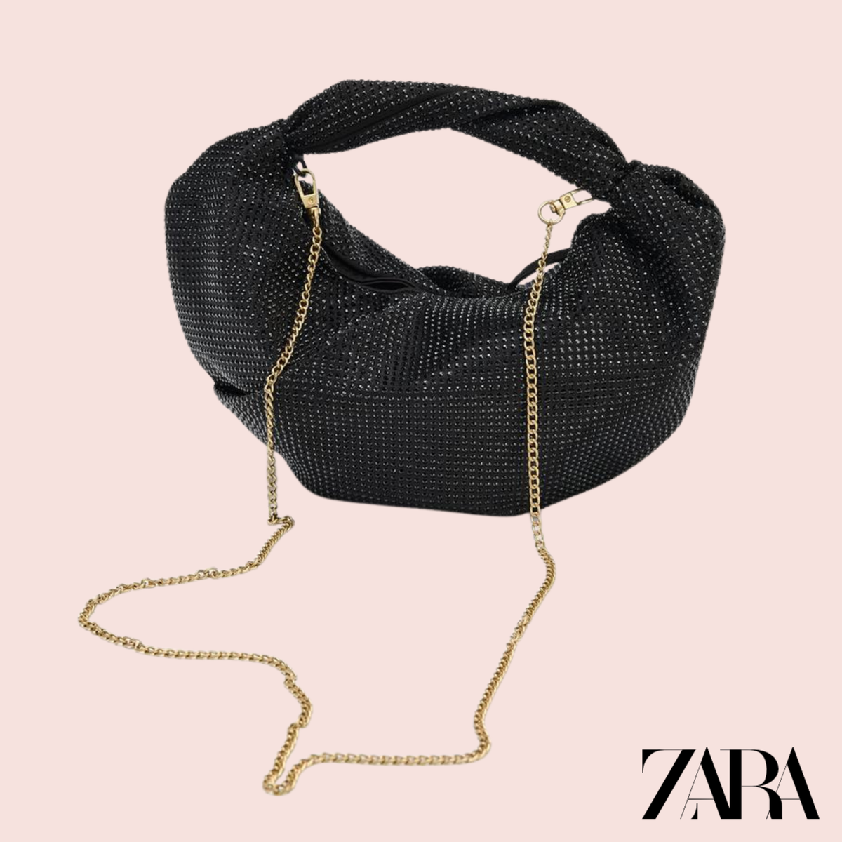 Cartera Negra Strass con Cadena Dorada Zara