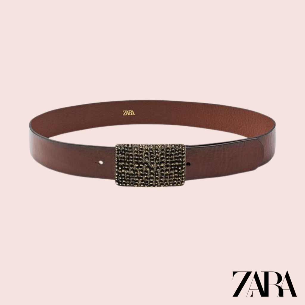 Cinturón Piel Marrón Hebilla Textura Zara - detalle hebilla