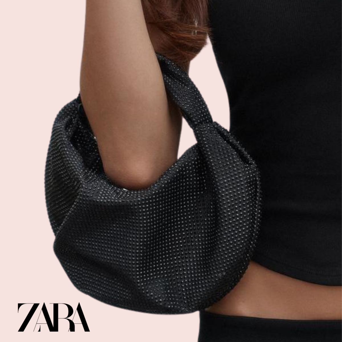 Cartera Negra Strass con Cadena Dorada Zara
