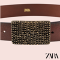 Cinturón Piel Marrón Hebilla Textura Zara - vista completa