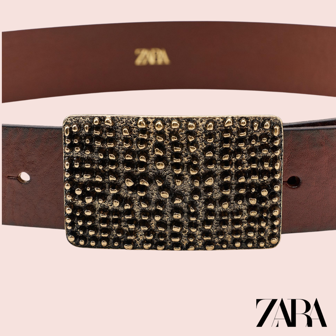 Cinturón Piel Marrón Hebilla Textura Zara - vista completa