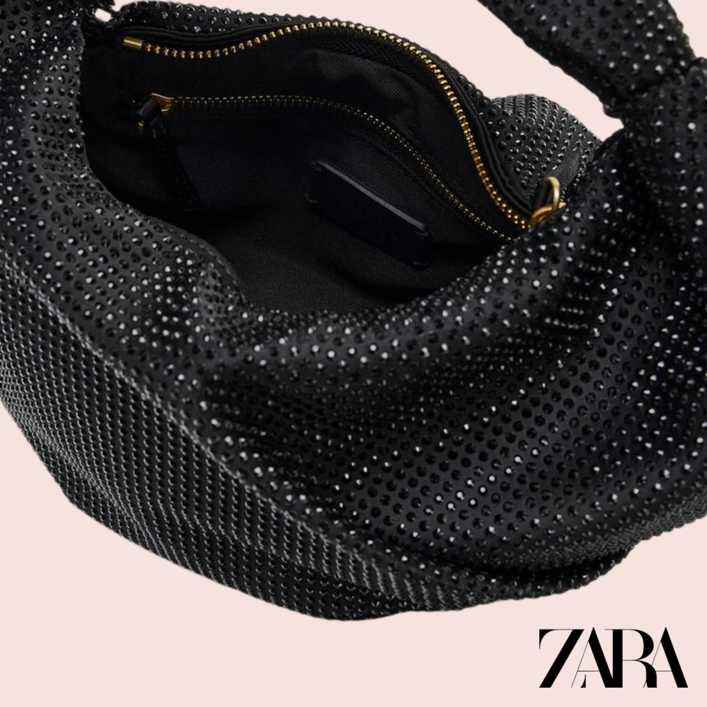 Cartera Negra Strass con Cadena Dorada Zara