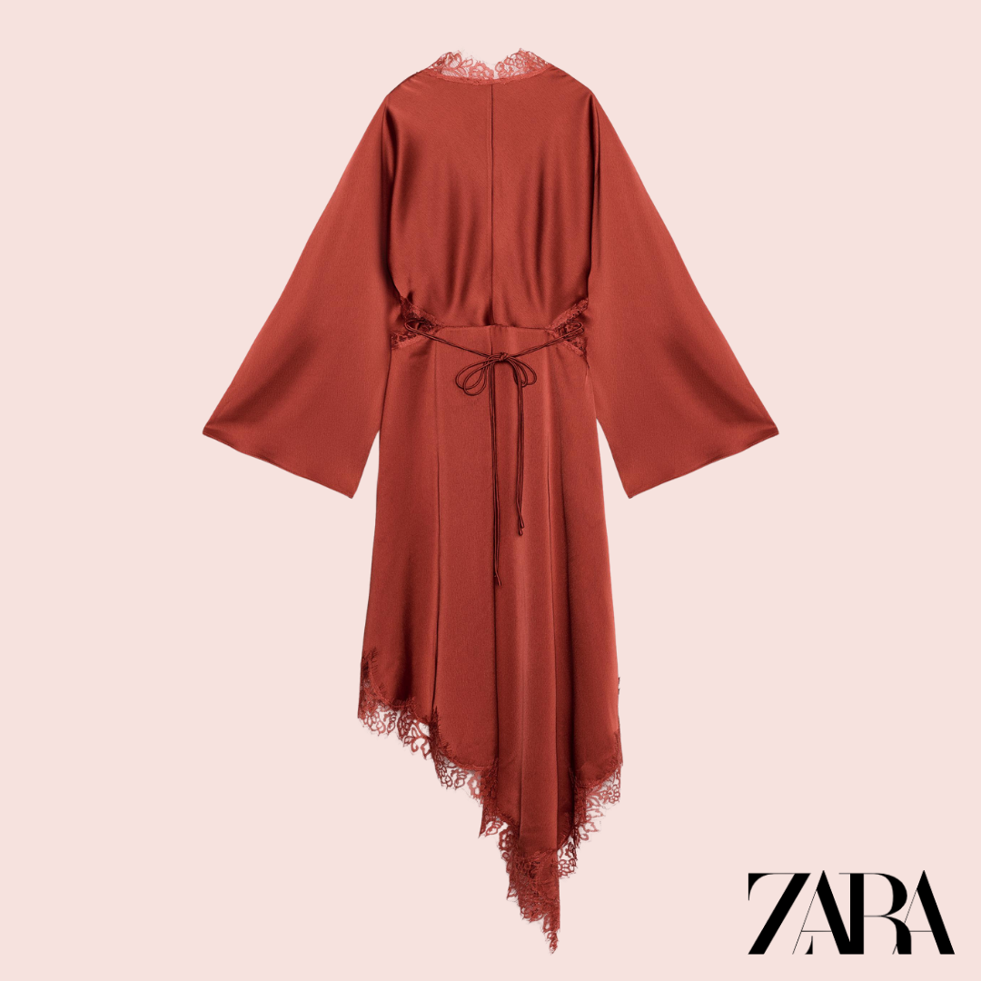 Vestido Kimono Satén Encaje Rojo Oscuro Zara - producto plano frontal
