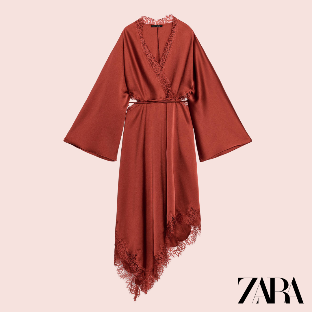 Vestido Kimono Satén Encaje Rojo Oscuro Zara - detalle encaje escote