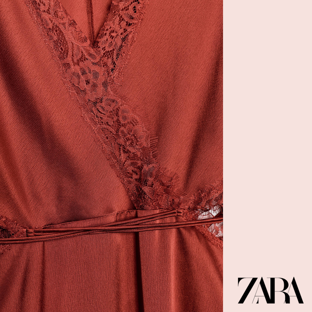 Vestido Kimono Satén Encaje Rojo Oscuro Zara - modelo perfil