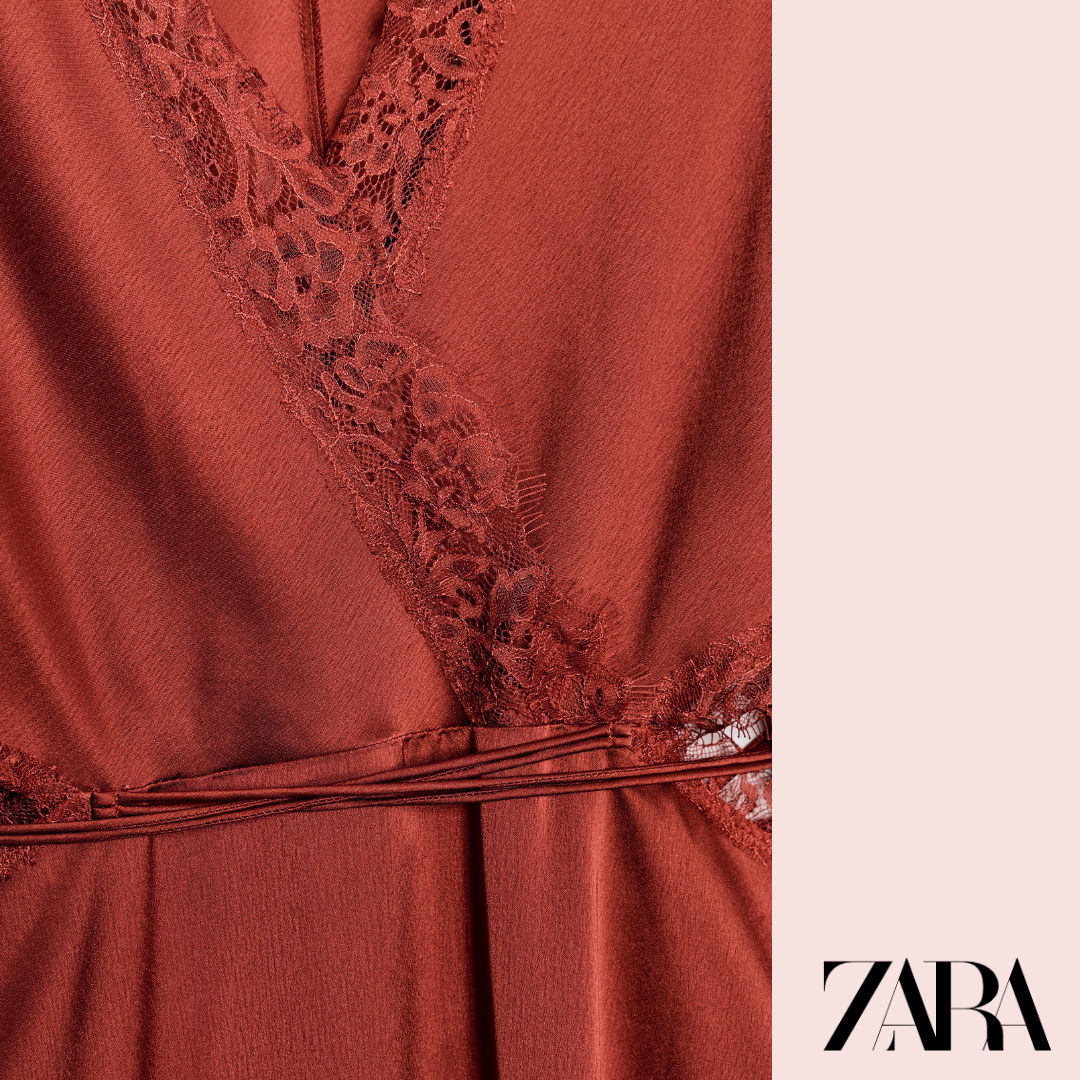 Vestido Kimono Satén Encaje Rojo Oscuro Zara - modelo perfil