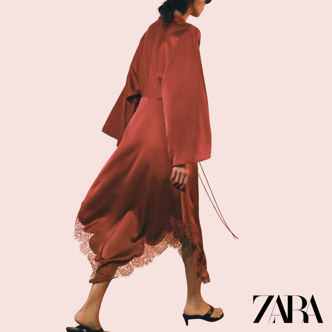 Vestido Kimono Satén Encaje Rojo Oscuro Zara - modelo frontal
