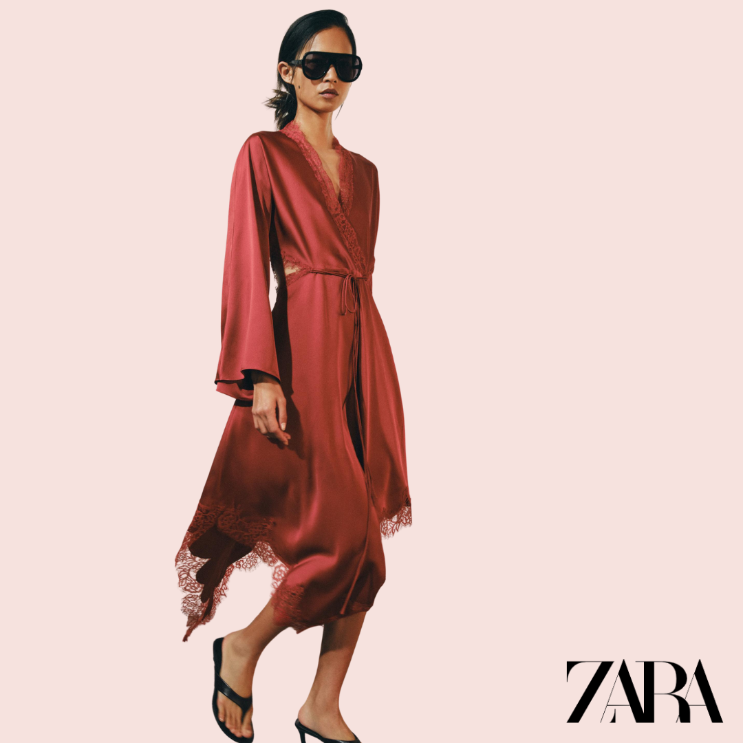 Vestido Kimono Satén Encaje Rojo Oscuro Zara - producto plano trasero