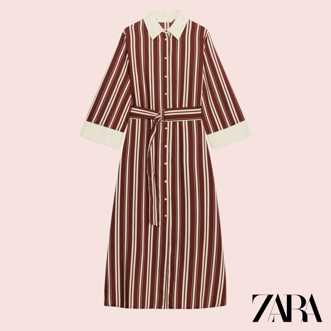 Vestido Camisero Rayas Burdeos Zara - producto plano frontal