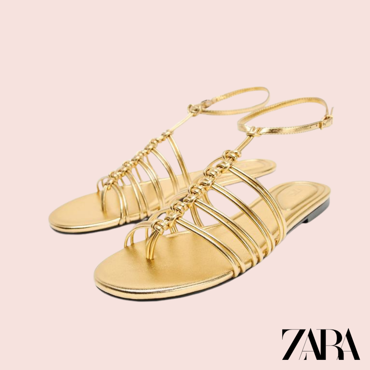 Sandalias Planas Doradas de Tiras con Nudo Zara