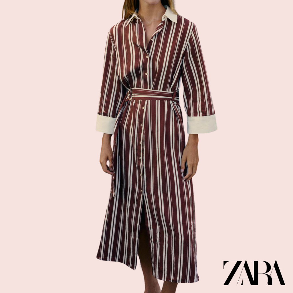 Vestido Camisero Rayas Burdeos Zara - vista frontal modelo